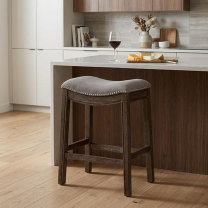 26" Gray and Brown Fabric and Solid Wood Backless Counter Height Bar Chair