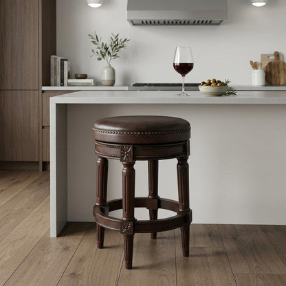 26" Dark Brown and Brown Faux Leather Backless Counter Height Swivel Bar Chair