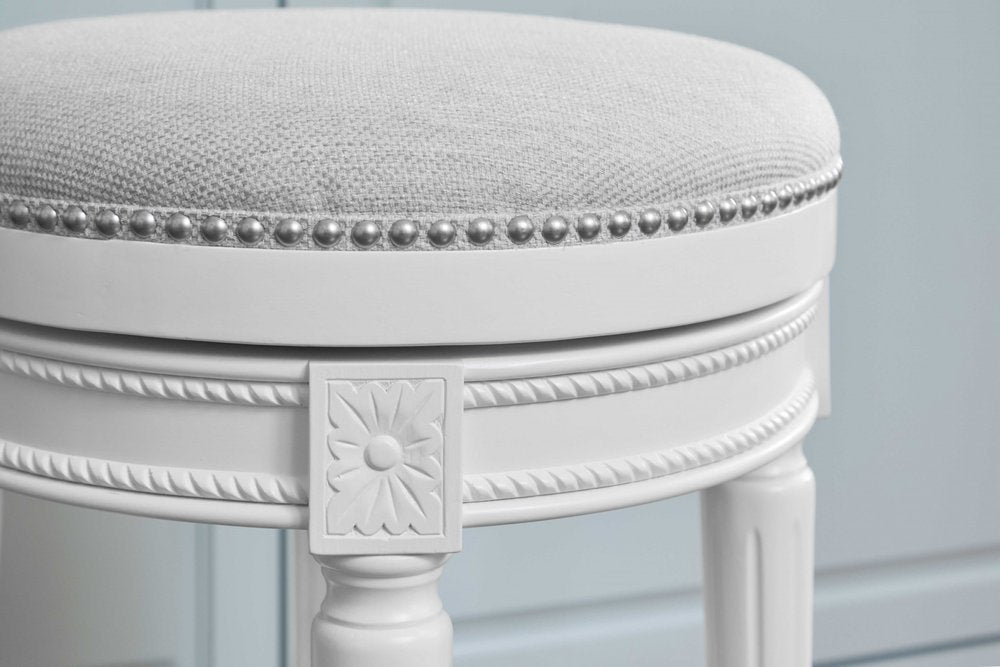 26" White Solid Wood and Fabric Backless Counter Height Swivel Bar Chair