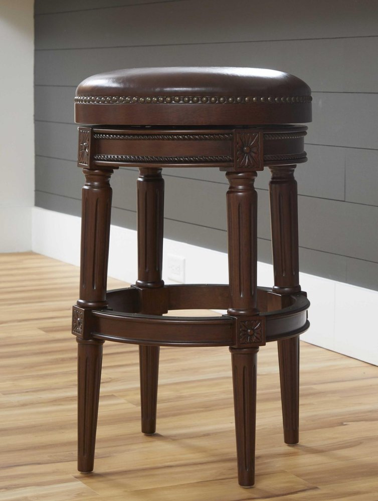 31" Brown Faux Leather And Solid Wood Bar Height Swivel Bar Chair