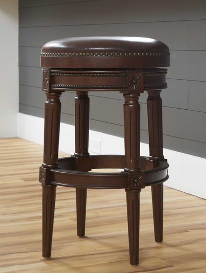 31" Brown Faux Leather And Solid Wood Bar Height Swivel Bar Chair