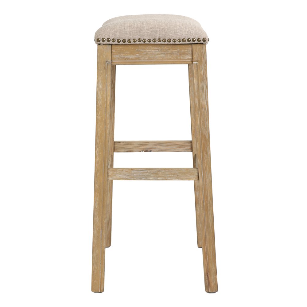31" Linen and Natural Solid Wood Backless Bar Height Bar Chair