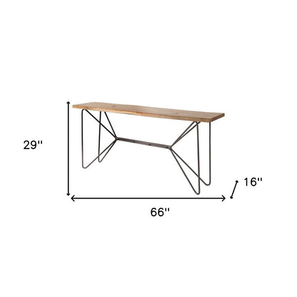 66" Brown and Black Solid Wood and Iron Abstract Base Console Table