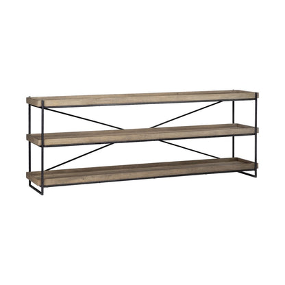 80" Light Brown and Black Solid Wood and Iron Console Table With Two Shelves