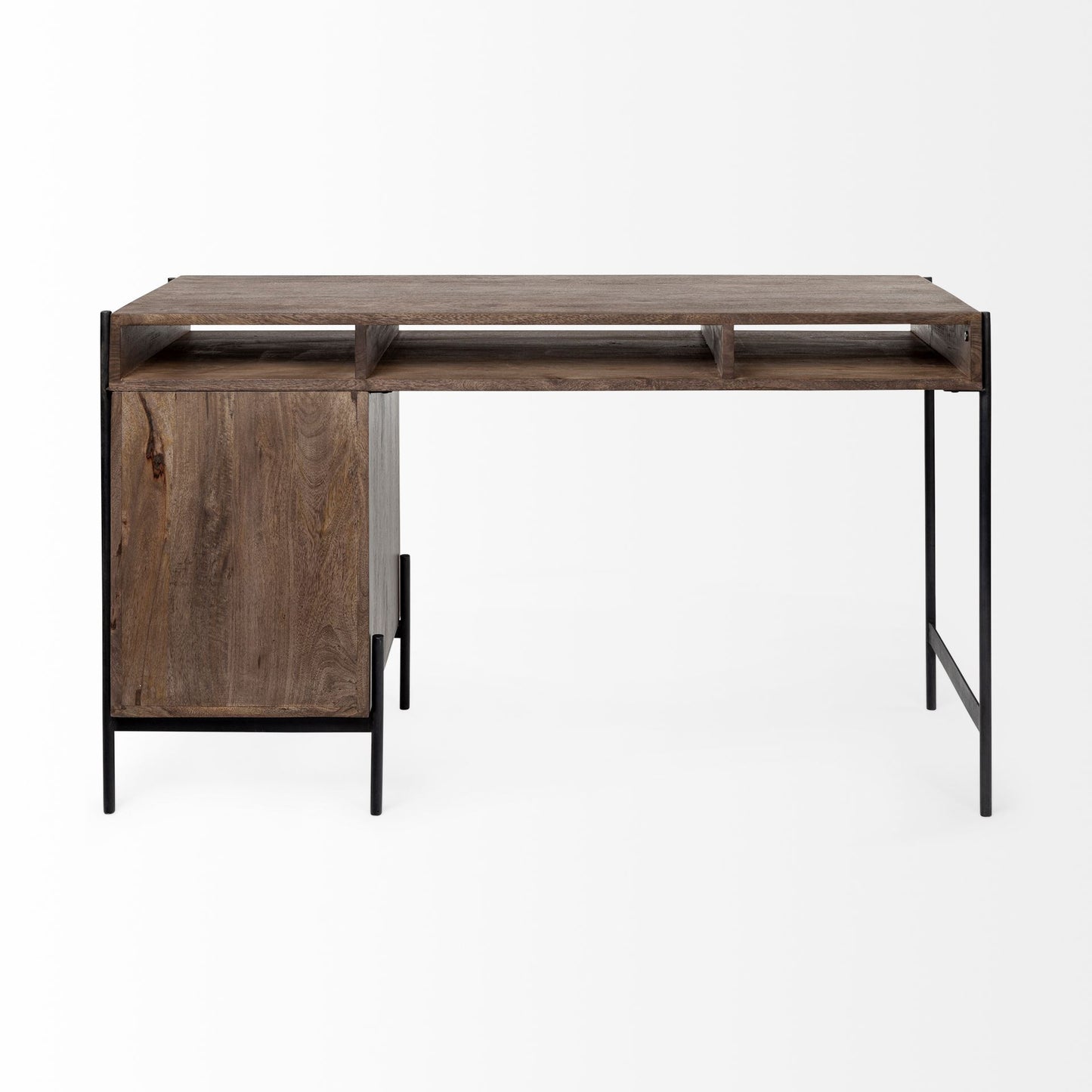 56" Medium Brown Wooden Writing Desk With 3 Drawers And 3 Open Shelves