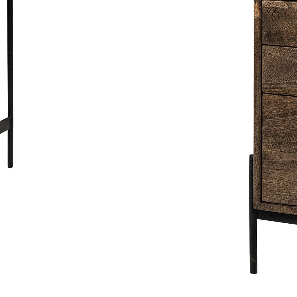 56" Medium Brown Wooden Writing Desk With 3 Drawers And 3 Open Shelves