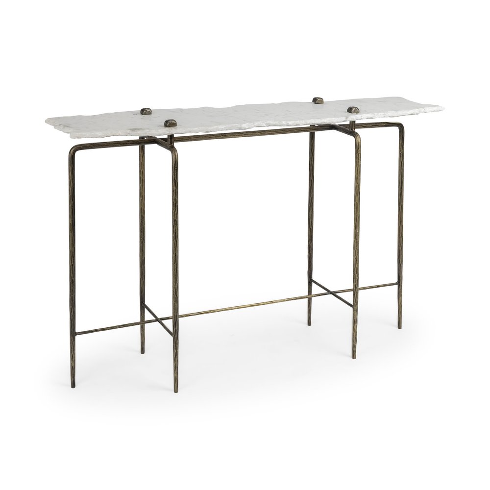 49" White and Brass Genuine Marble and Iron Distressed Six Leg Console Table