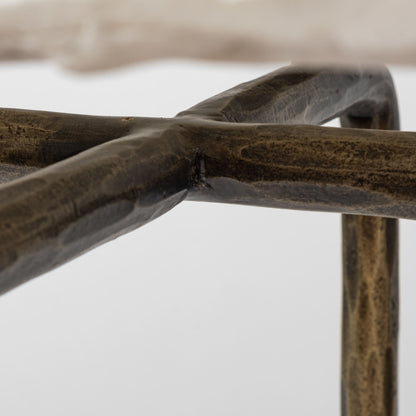 49" White and Brass Genuine Marble and Iron Distressed Six Leg Console Table