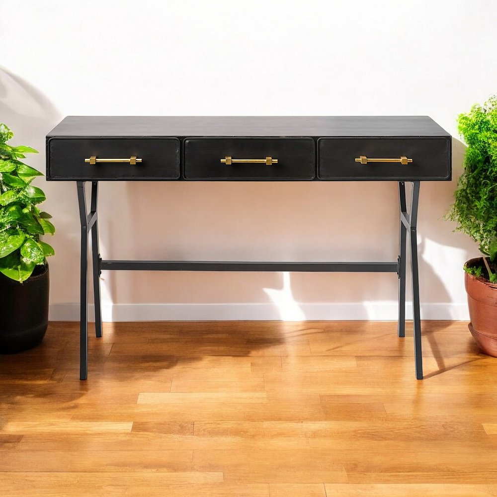 51" Black Writing Desk With Three Drawers