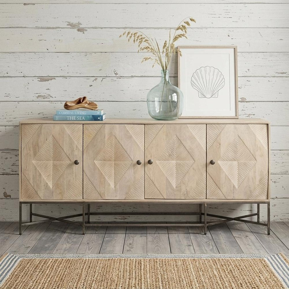 Light Brown Solid Mango Wood Sideboard With 4 Cabinet Doors