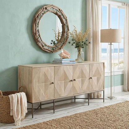 Light Brown Solid Mango Wood Sideboard With 4 Cabinet Doors