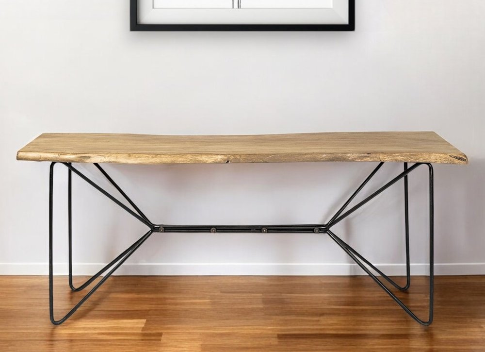 66" Natural and Black Solid Wood and Iron Abstract Base Console Table
