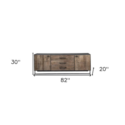 82" Brown and Black Solid Wood Three Drawer Sideboard with Two Doors