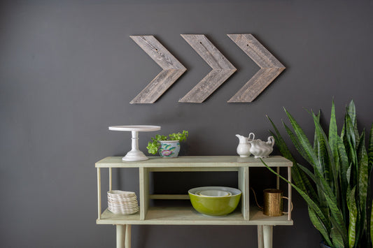 Set of Three Gray Distressed Wood Hanging Arrow Dimensional Sculptures