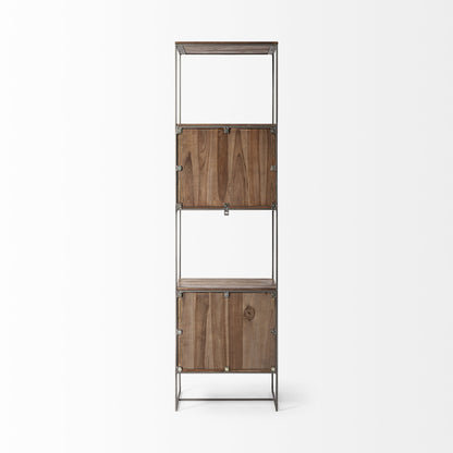 71" Brown And Silver Metal and Wood Four Tier Bookcase