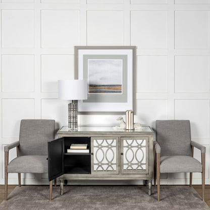 Gray and Brown Upholstered Fabric King Louis Back Dining Arm Chair
