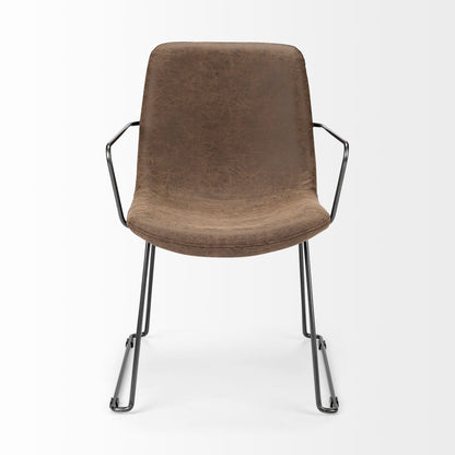 Brown and Black Upholstered Faux Leather Dining Arm Chair