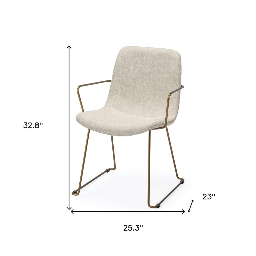 Cream and Gold Upholstered Fabric Dining Arm Chair