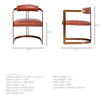 Brown And Gold Upholstered Leather Open Back Dining Arm Chair