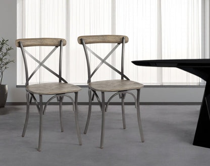 Set Of Two Brown And Gray Wood Cross Back Side Chairs