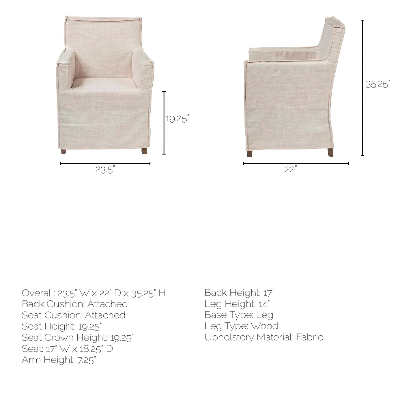 Cream and Brown Slipcovered Upholstered Fabric Dining Arm Chair