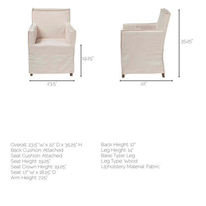 Cream and Brown Slipcovered Upholstered Fabric Dining Arm Chair