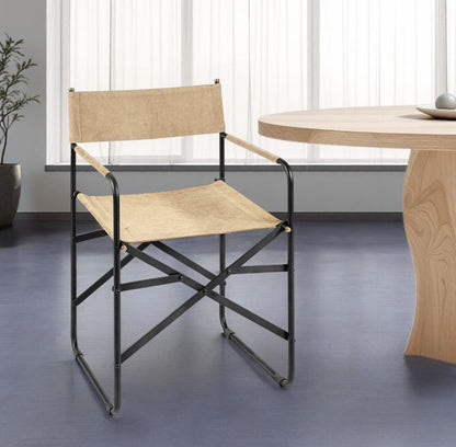 Cream And Black Leather Metal Open Back Dining Arm Chair