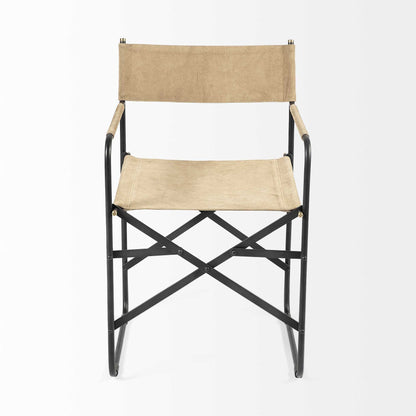 Cream And Black Leather Metal Open Back Dining Arm Chair