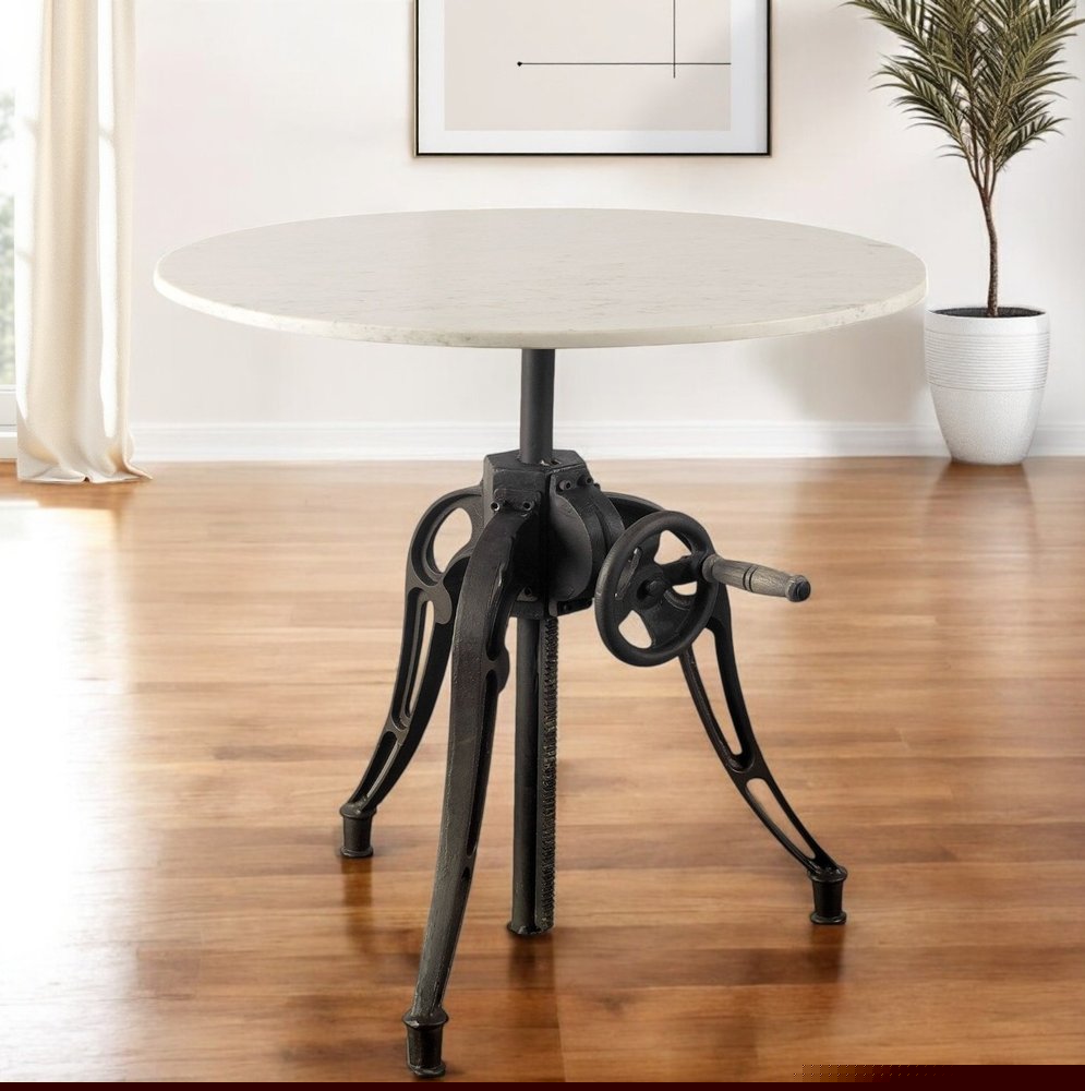 30" White And Black Rounded Marble And Metal Three Leg Base Dining Table
