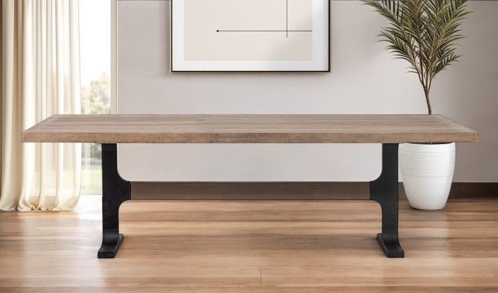 96" Natural And Black Solid Wood And Metal Trestle Base Dining Table