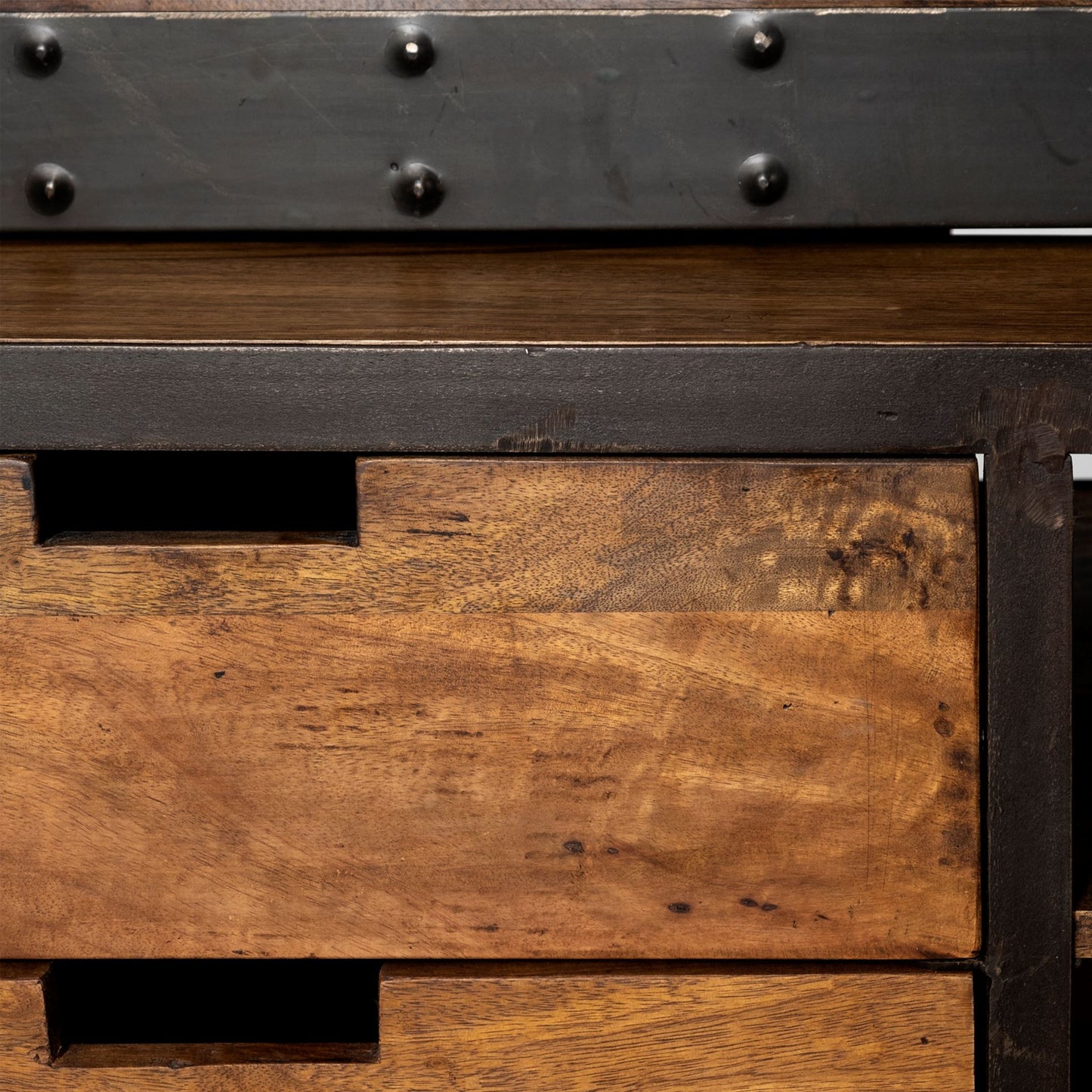 94" Black And Brown Distressed Copper and Wood Four Tier Library Bookcase with Four Drawers