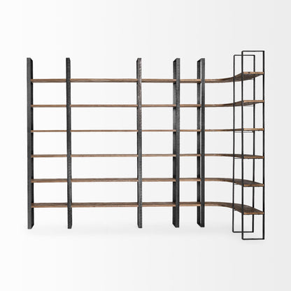 90" Black And Brown Iron and Wood Six Tier Bookcase