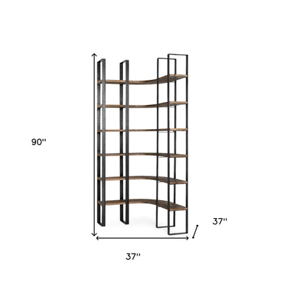 90" Black And Brown Iron and Wood Six Tier Bookcase