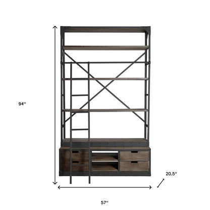 94" Brown Metal and Wood Four Tier Ladder Bookcase