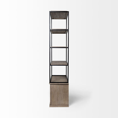 90" Brown Iron and Wood Three Tier Bookcase
