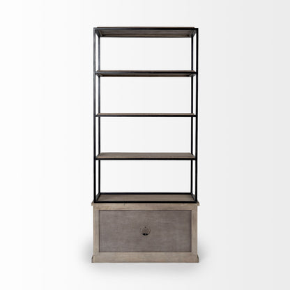 90" Brown Iron and Wood Three Tier Bookcase