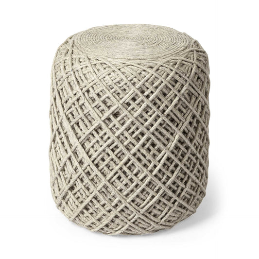 16" Ivory Upholstery Cylinder Abstract Pouf Ottoman