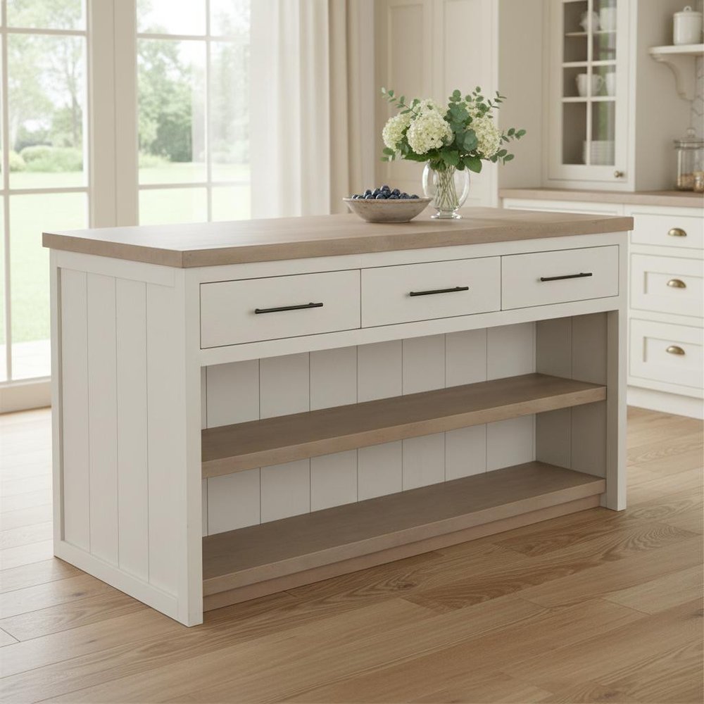 White And Brown Two Tone Wooden Kitchen Island With 3 Drawers