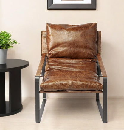 35" Brown and Black Leather Distressed Lounge Chair
