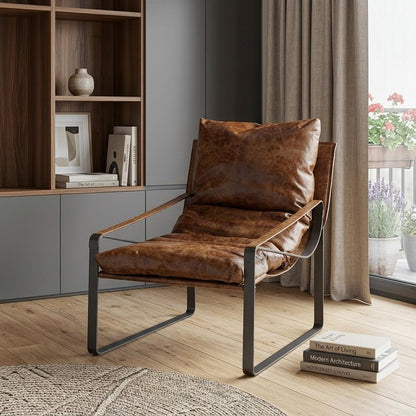 35" Brown and Black Leather Distressed Lounge Chair