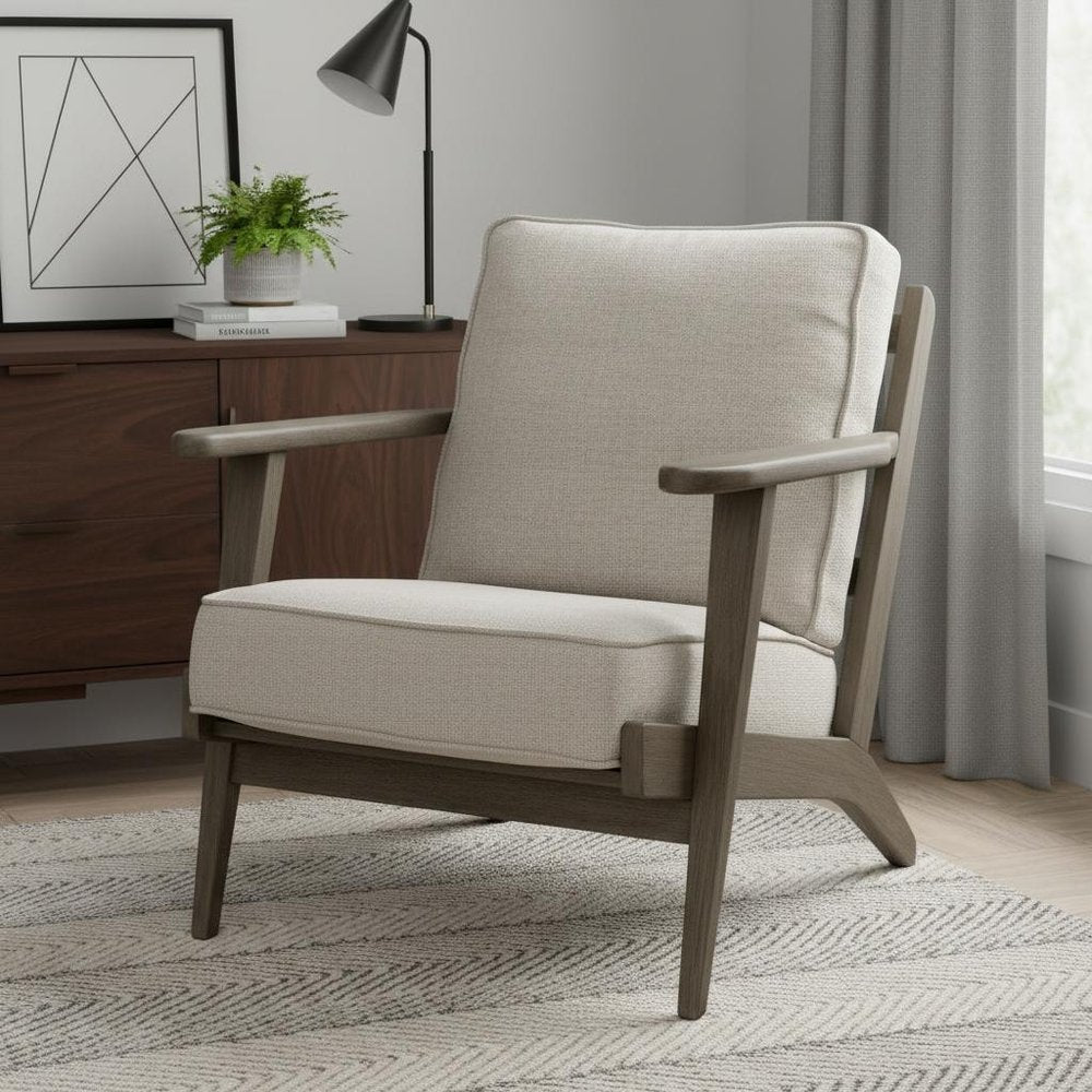 31" Cream and Brown Fabric Lounge Chair