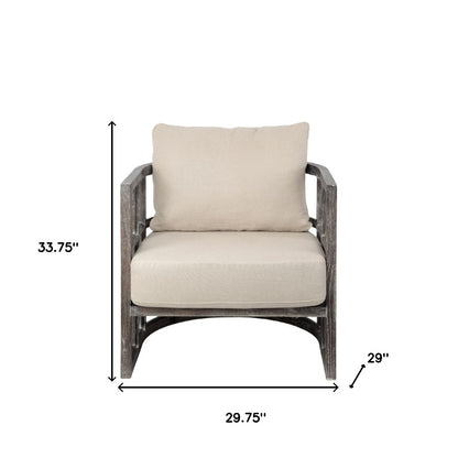30" Cream and Brown Fabric Distressed Arm Chair