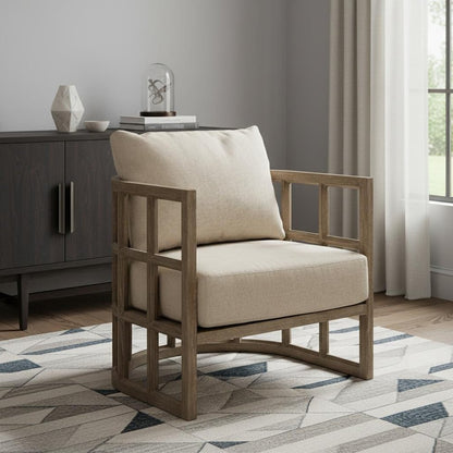 30" Cream and Brown Fabric Arm Chair