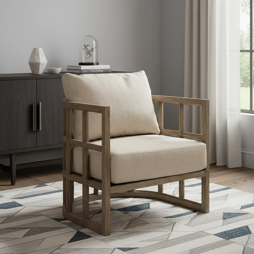 30" Cream and Brown Fabric Arm Chair