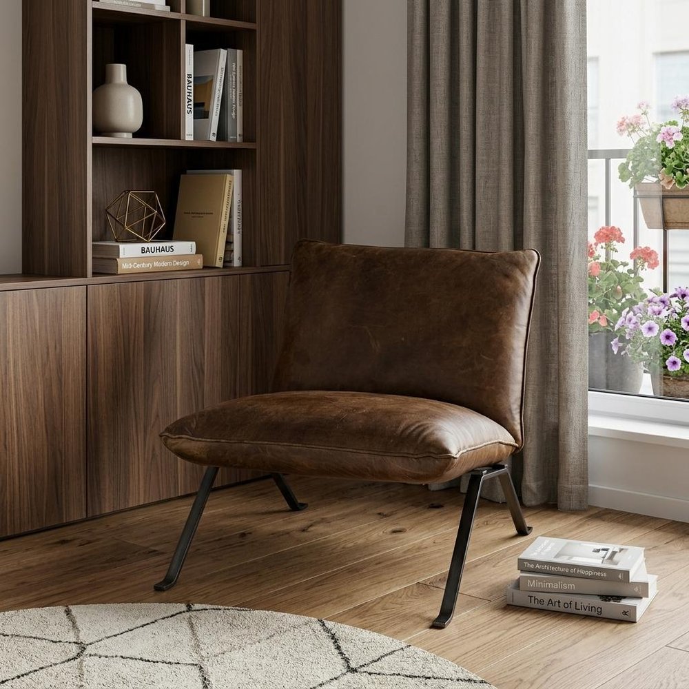 34" Brown and Black Top Grain Leather Distressed Slipper Chair