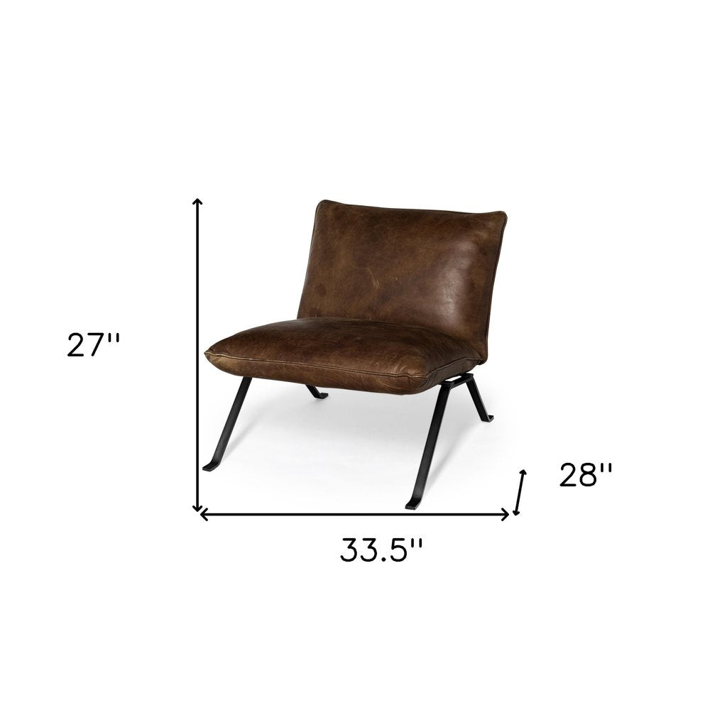 34" Brown and Black Top Grain Leather Distressed Slipper Chair