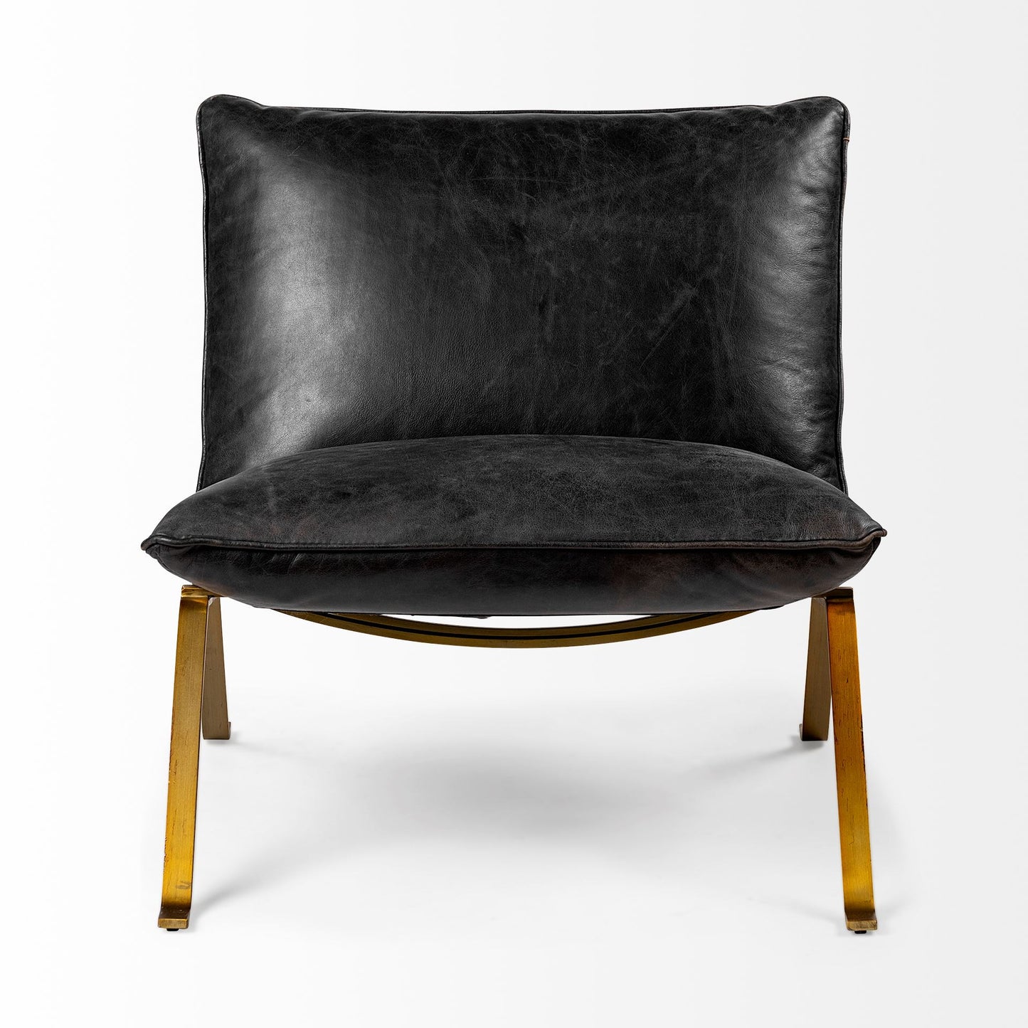 34" Black and Brass Top Grain Leather Distressed Slipper Chair