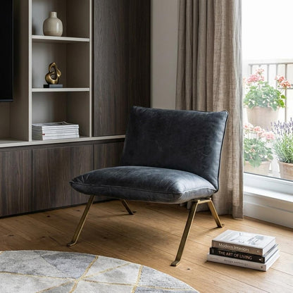 34" Black and Brass Top Grain Leather Distressed Slipper Chair
