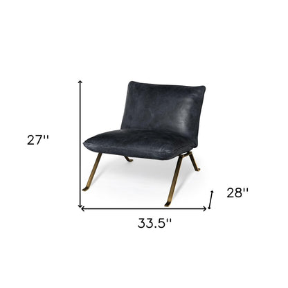 34" Black and Brass Top Grain Leather Distressed Slipper Chair