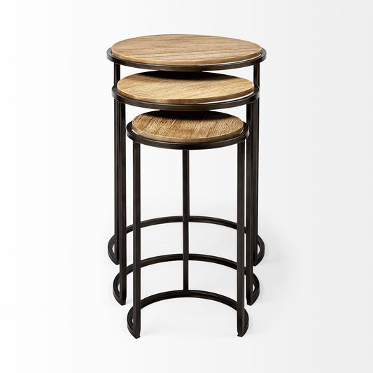 Set of Three 27" Black And Brown Solid Wood Round End Table